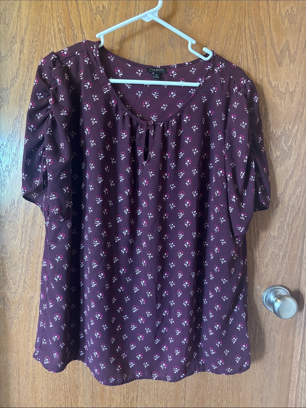Talbots Burgundy Floral Short-Sleeve Scoop Neck Blouse